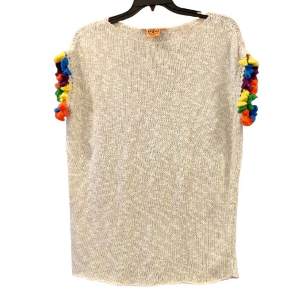 TORY BURCH~Pom Pom SHORT SLEEVE SWEATER BEIGE COTTON LINEN OVERSIZED SIZE SMALL